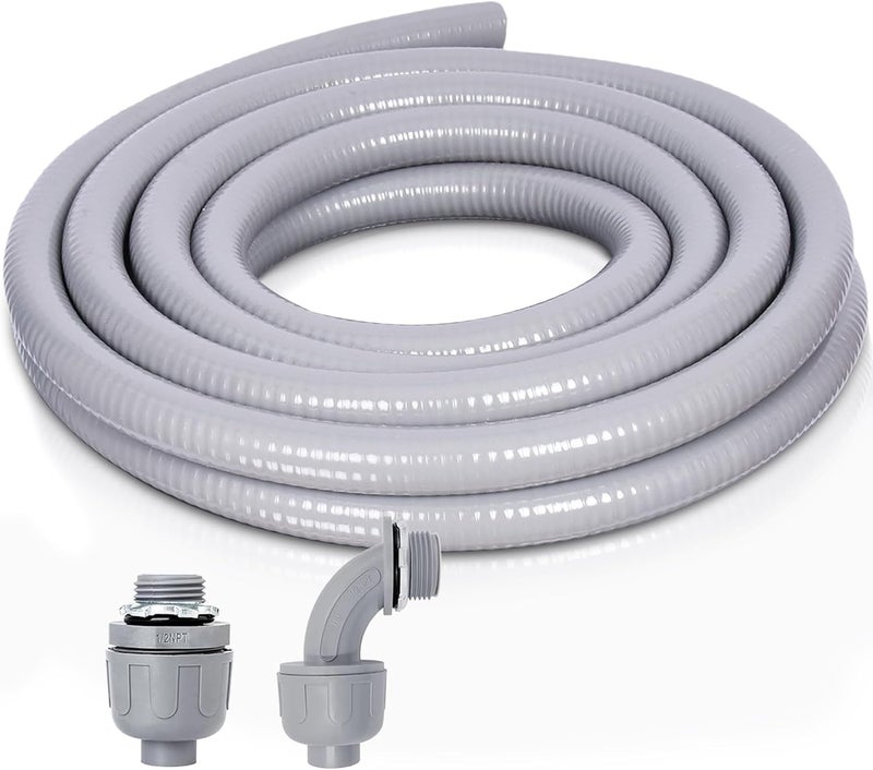 Feotech Liquid-Tight Conduit and Connector Kit - 1/2 Inch 5 FT Non Metallic Liquid Tight Electrical Conduit with 1 Straight and 1 Angle Fittings - Image 1